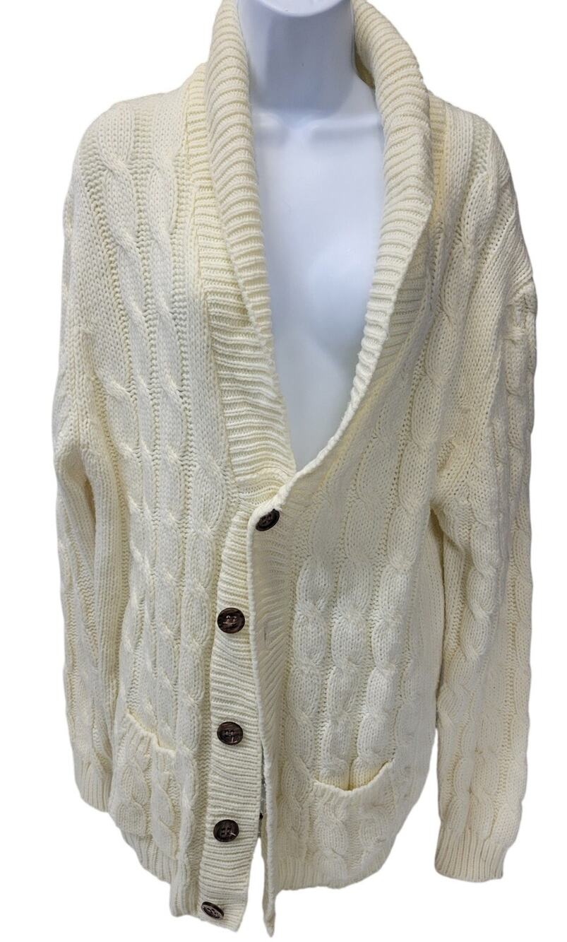 🧥Sears The Men's Store XL Cream Cable Knit Shawl Cardigan Vintage Retro Acrylic - Picture 1 of 3